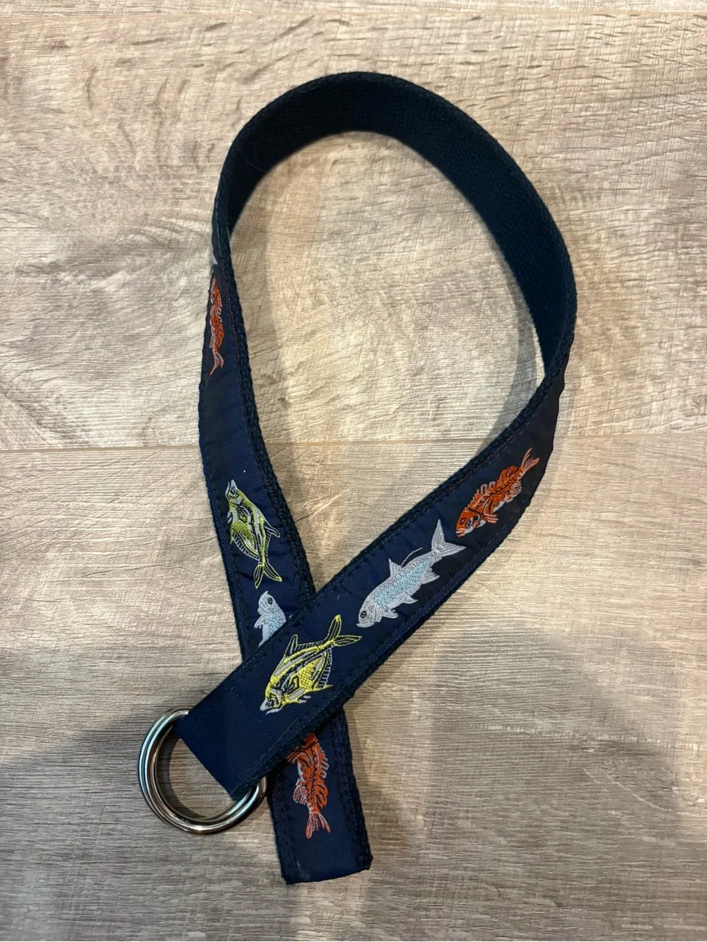 BeRibbon Kids Navy Fish Embroidered D-Ring Belt